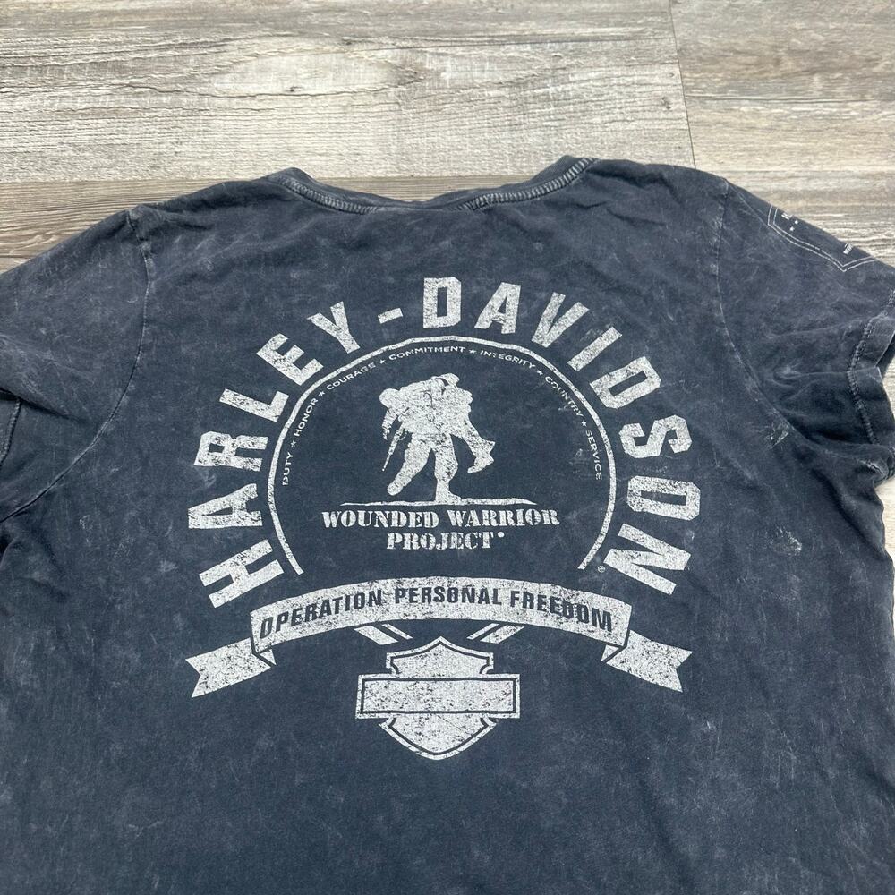 Harley Davidson Wounded Warrior Project Acid Wash Black Womens L Biker Tee USA